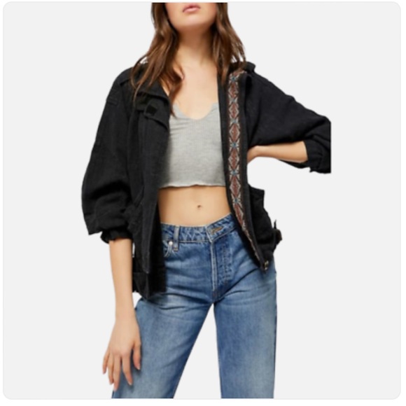 Free People Jayde Safari Jacket Black Long Sleeve Linen Women's Sz Med - Picture 1 of 14